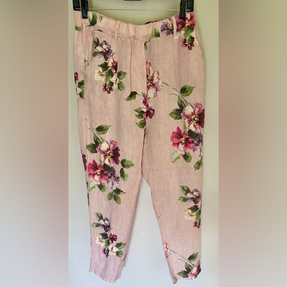 Bella Amore Pink Cottage Floral Linen Relaxed Pull On Pants S